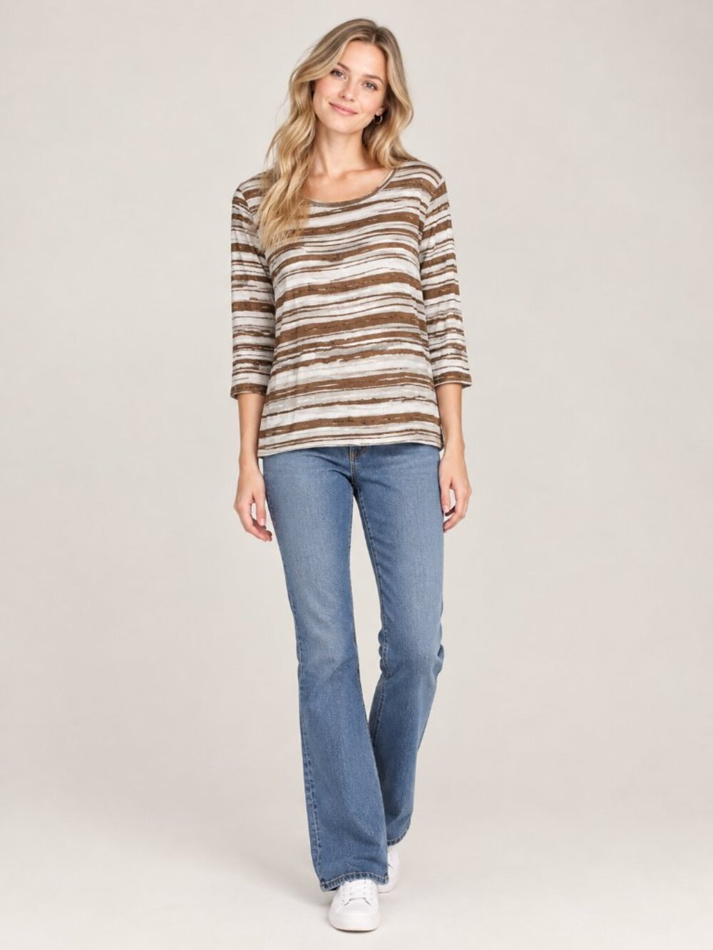2/$30 Chico's Gold Shimmer Animal Stripe Scoop Neck Tee Coffee Cream 12 #A5142